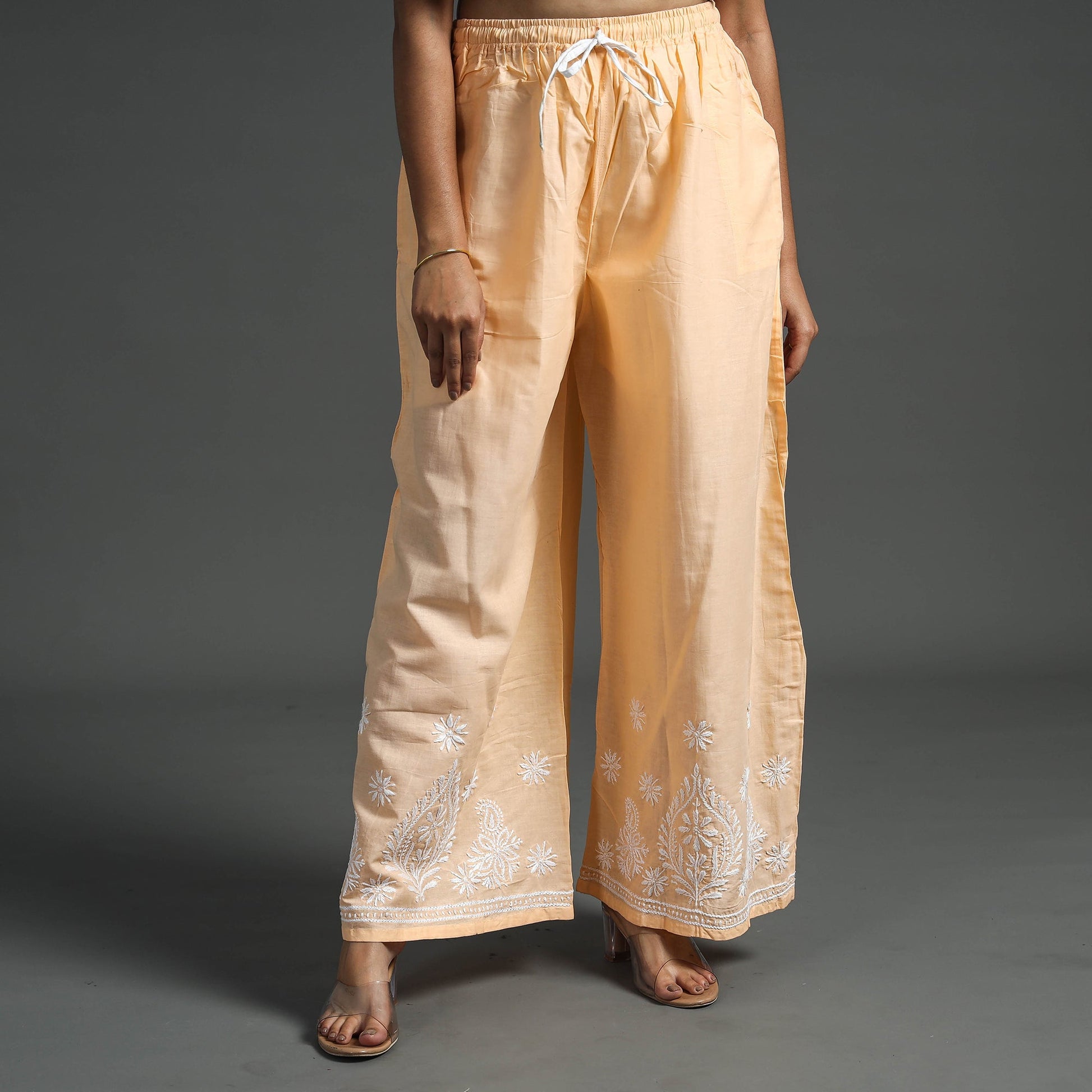 Beige - Lucknow Chikankari Hand Embroidery Cotton Palazzo (Free Size)