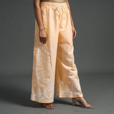 Beige - Lucknow Chikankari Hand Embroidery Cotton Palazzo (Free Size)