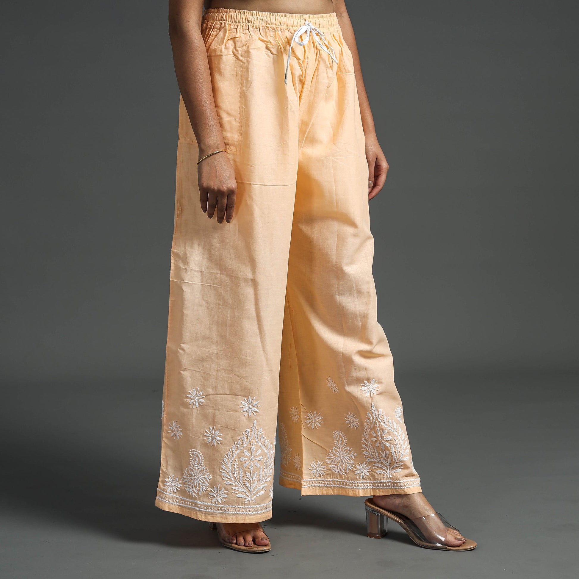 Beige - Lucknow Chikankari Hand Embroidery Cotton Palazzo (Free Size)