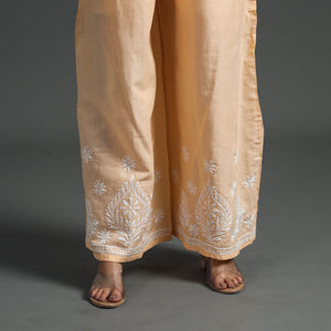 Beige - Lucknow Chikankari Hand Embroidery Cotton Palazzo (Free Size)