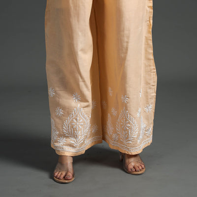 Beige - Lucknow Chikankari Hand Embroidery Cotton Palazzo (Free Size)