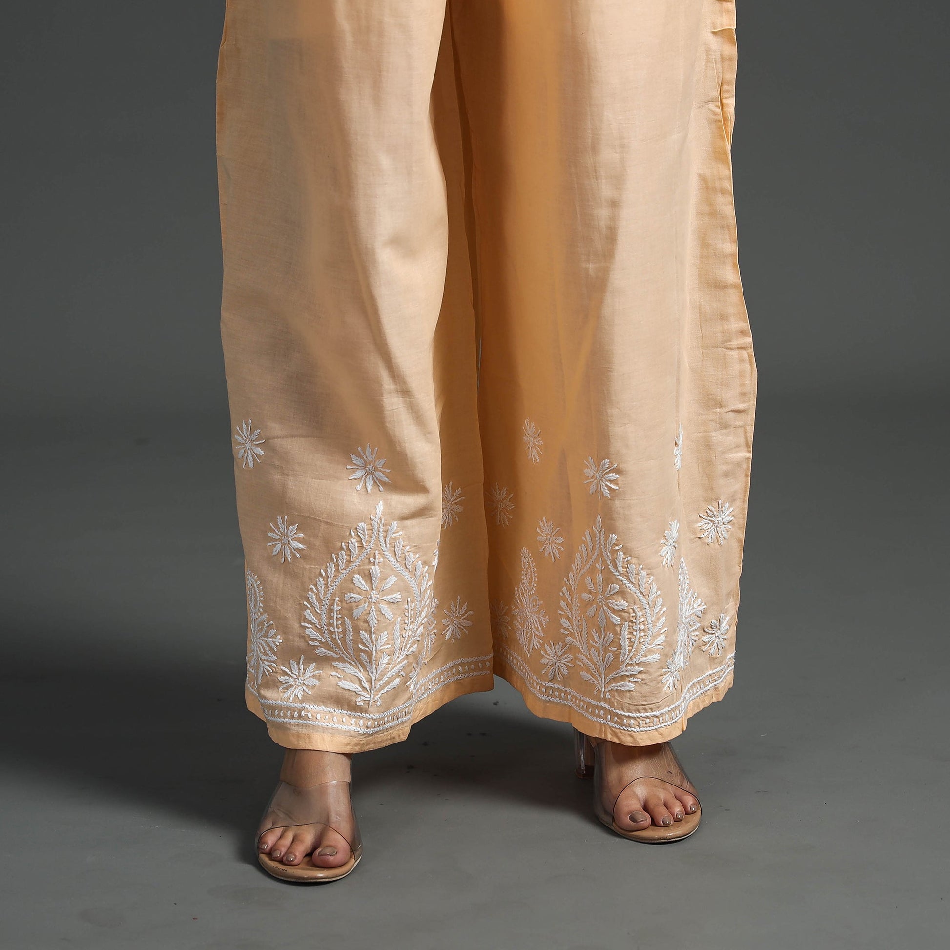 Beige - Lucknow Chikankari Hand Embroidery Cotton Palazzo (Free Size)