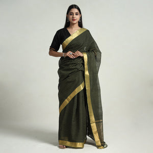Green - Mangalagiri Stripe Cotton Handloom Saree with Ikat Blouse