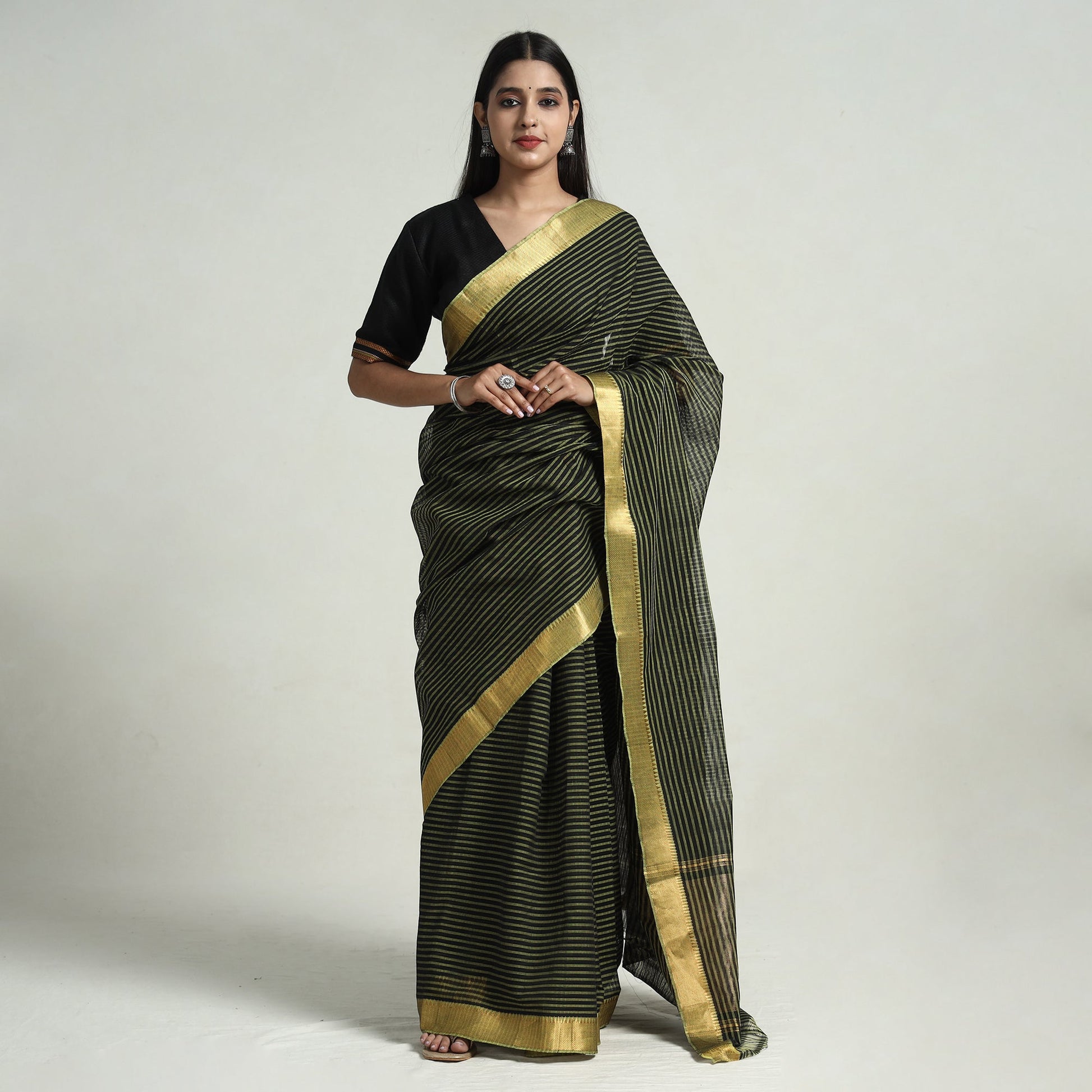 Green - Mangalagiri Stripe Cotton Handloom Saree with Ikat Blouse