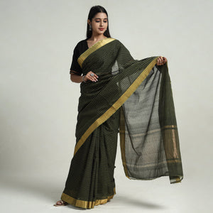 Green - Mangalagiri Stripe Cotton Handloom Saree with Ikat Blouse