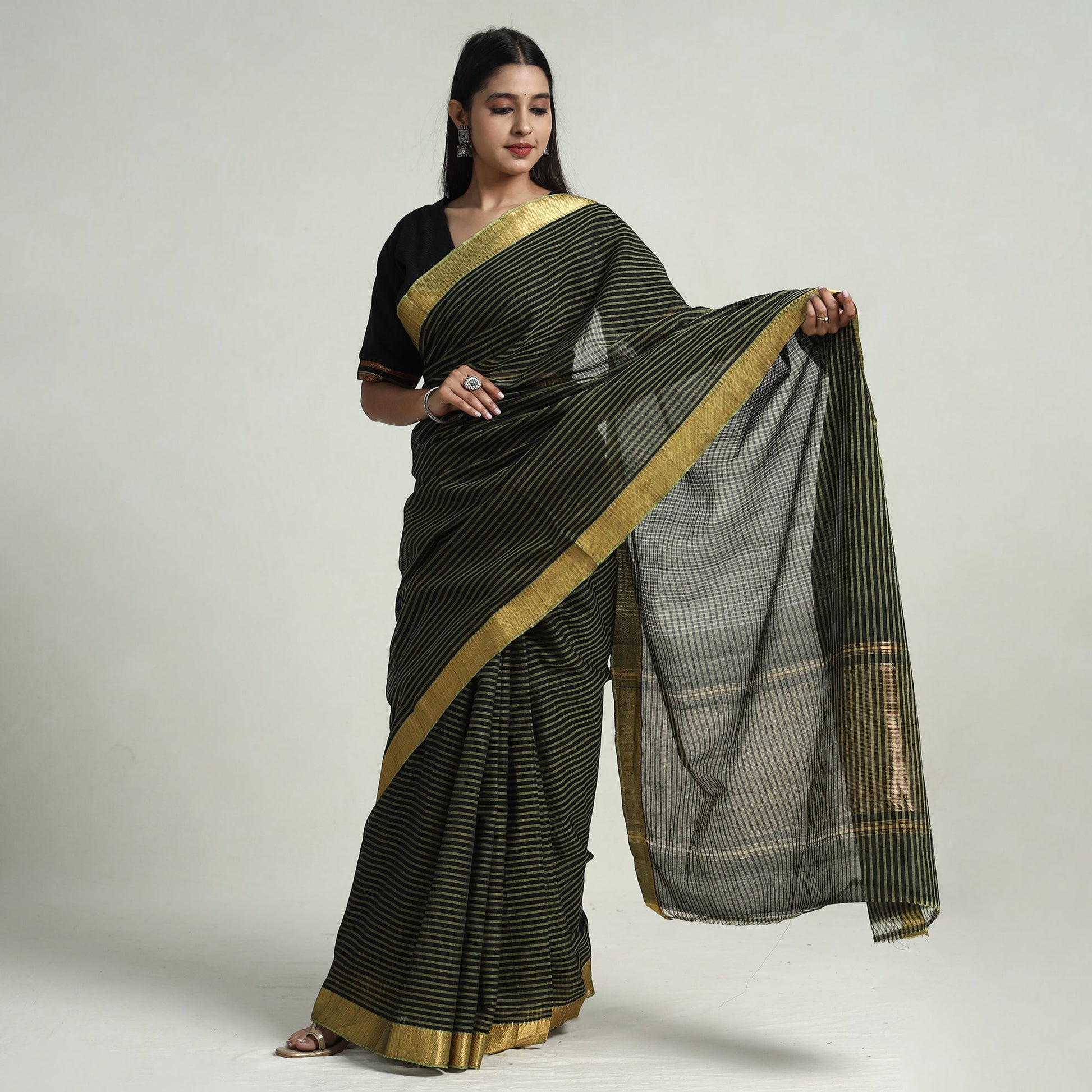 Green - Mangalagiri Stripe Cotton Handloom Saree with Ikat Blouse