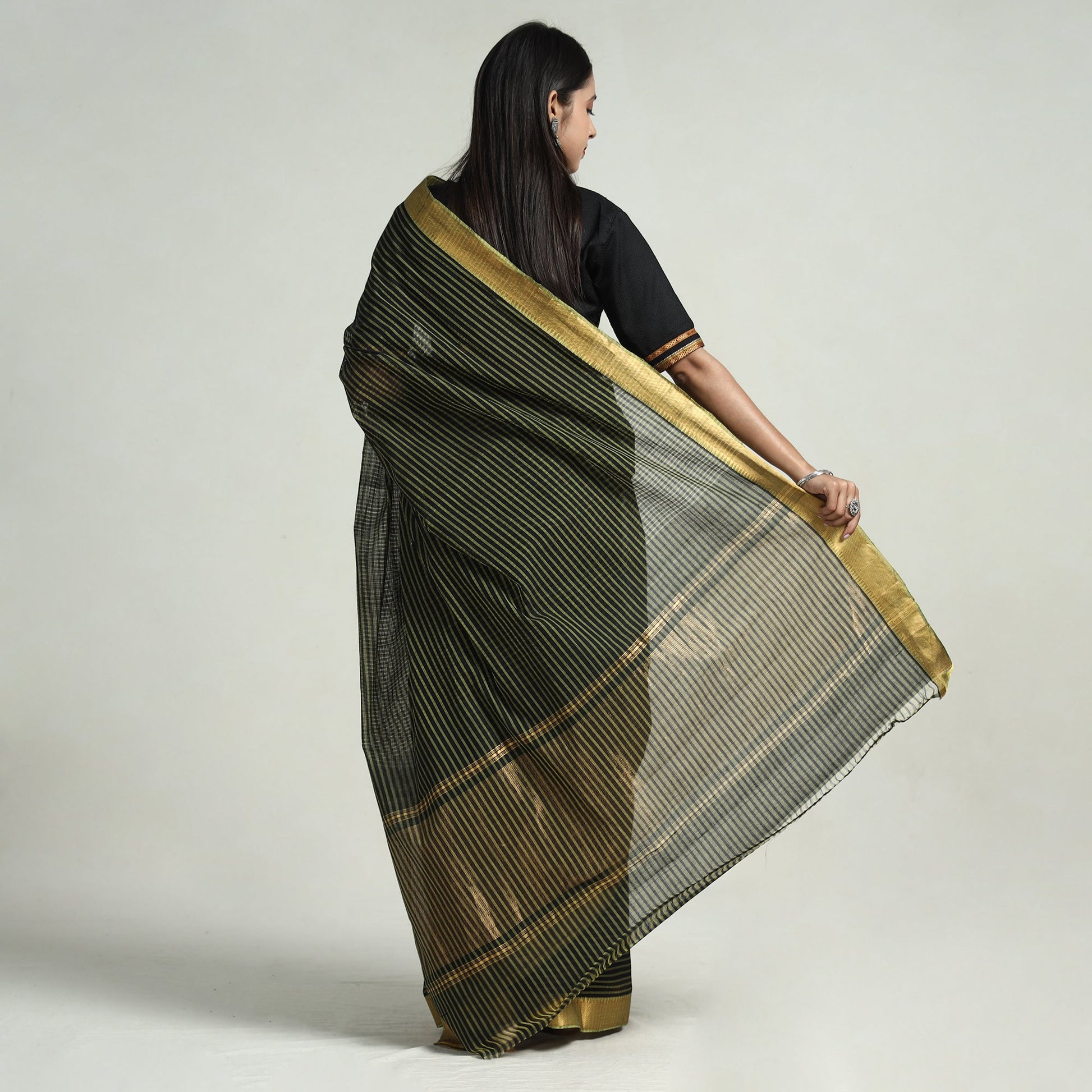 Green - Mangalagiri Stripe Cotton Handloom Saree with Ikat Blouse