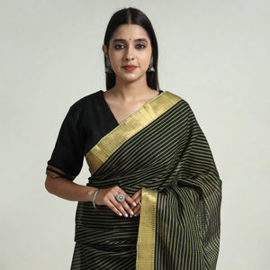 Green - Mangalagiri Stripe Cotton Handloom Saree with Ikat Blouse