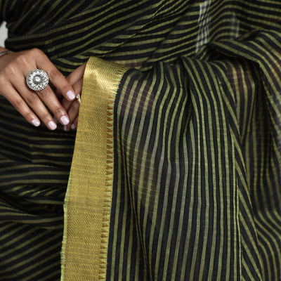 Green - Mangalagiri Stripe Cotton Handloom Saree with Ikat Blouse
