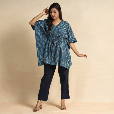 Blue - Hand Block Printed Cotton Kaftan & Pyjama Night Suit Set
