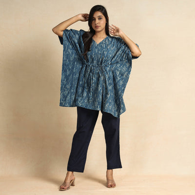 Blue - Hand Block Printed Cotton Kaftan & Pyjama Night Suit Set