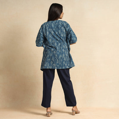 Blue - Hand Block Printed Cotton Kaftan & Pyjama Night Suit Set