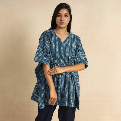 Blue - Hand Block Printed Cotton Kaftan & Pyjama Night Suit Set