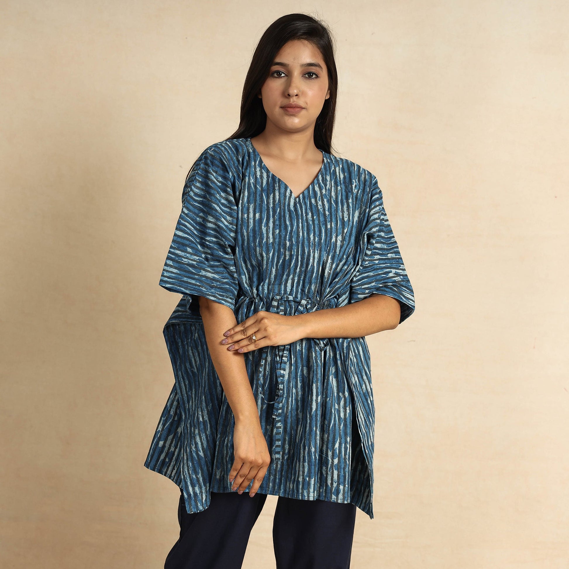 Blue - Hand Block Printed Cotton Kaftan & Pyjama Night Suit Set