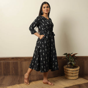 Black - Pochampally Ikat Weave Cotton Dress with Belt 22