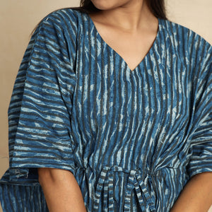 Blue - Hand Block Printed Cotton Kaftan & Pyjama Night Suit Set