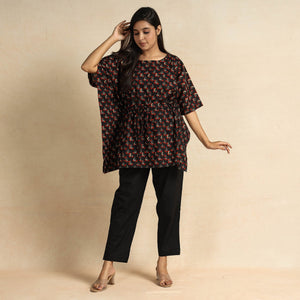 Black - Bagru Block Printed Cotton Kaftan & Pyjama Night Suit Set