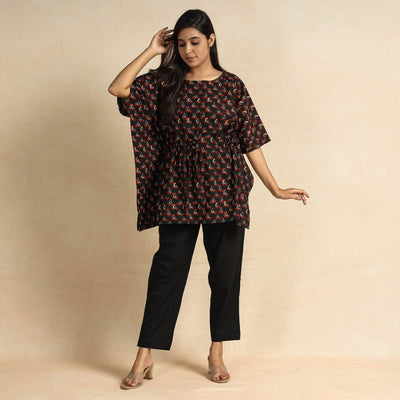 Black - Bagru Block Printed Cotton Kaftan & Pyjama Night Suit Set