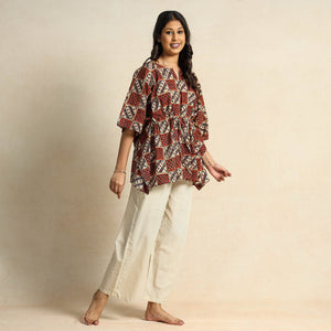 Brown - Hand Block Printed Cotton Kaftan & Pyjama Night Suit Set
