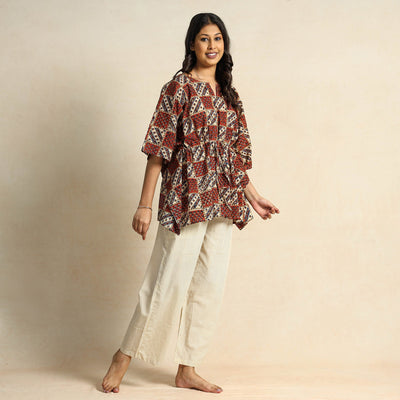 Brown - Hand Block Printed Cotton Kaftan & Pyjama Night Suit Set