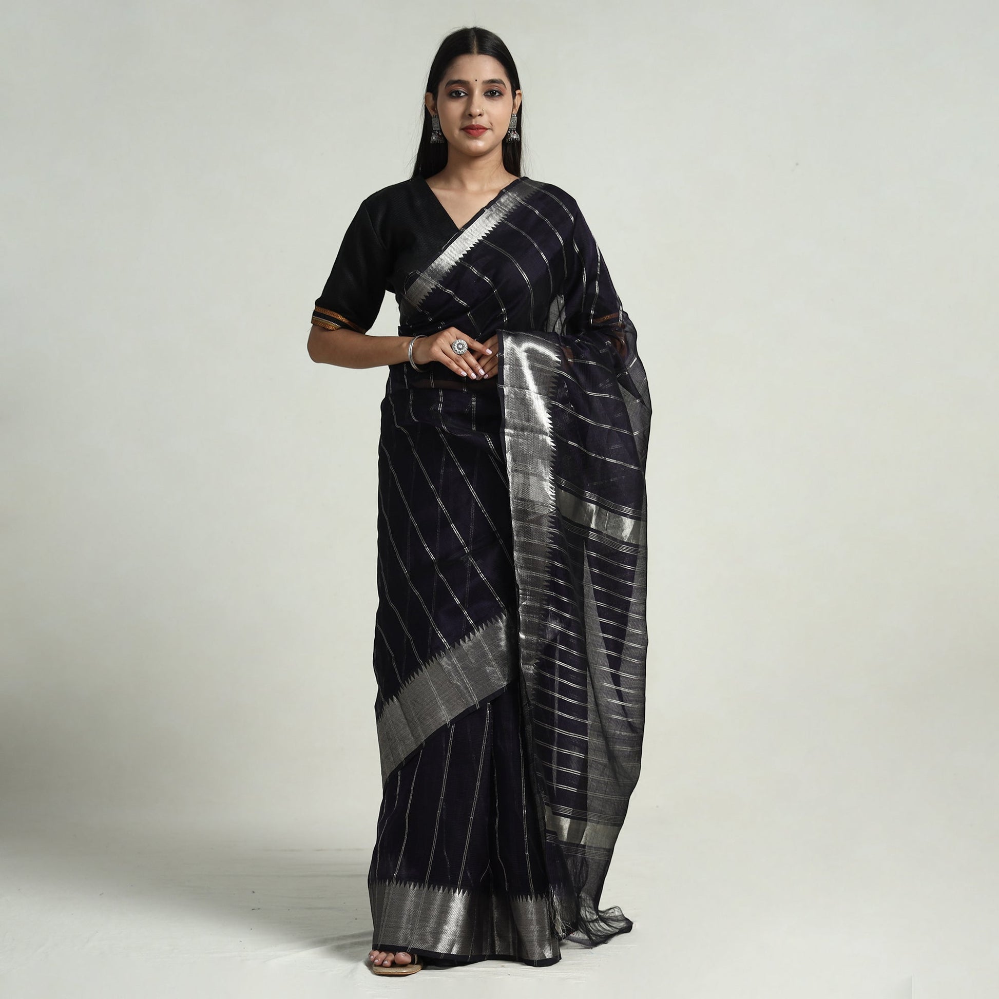 Black - Mangalagiri Handloom Silk Cotton Saree with Zari Border