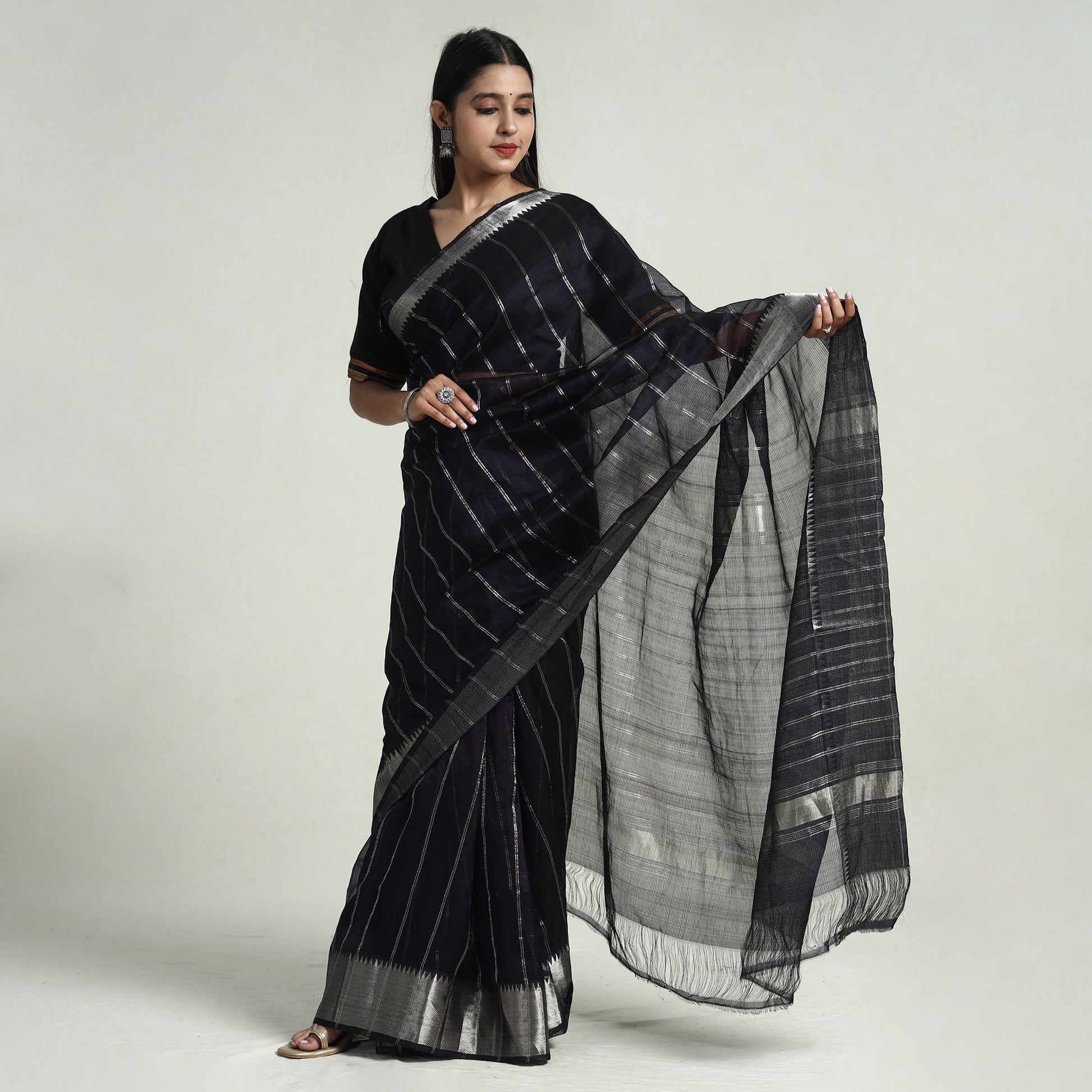 Black - Mangalagiri Handloom Silk Cotton Saree with Zari Border