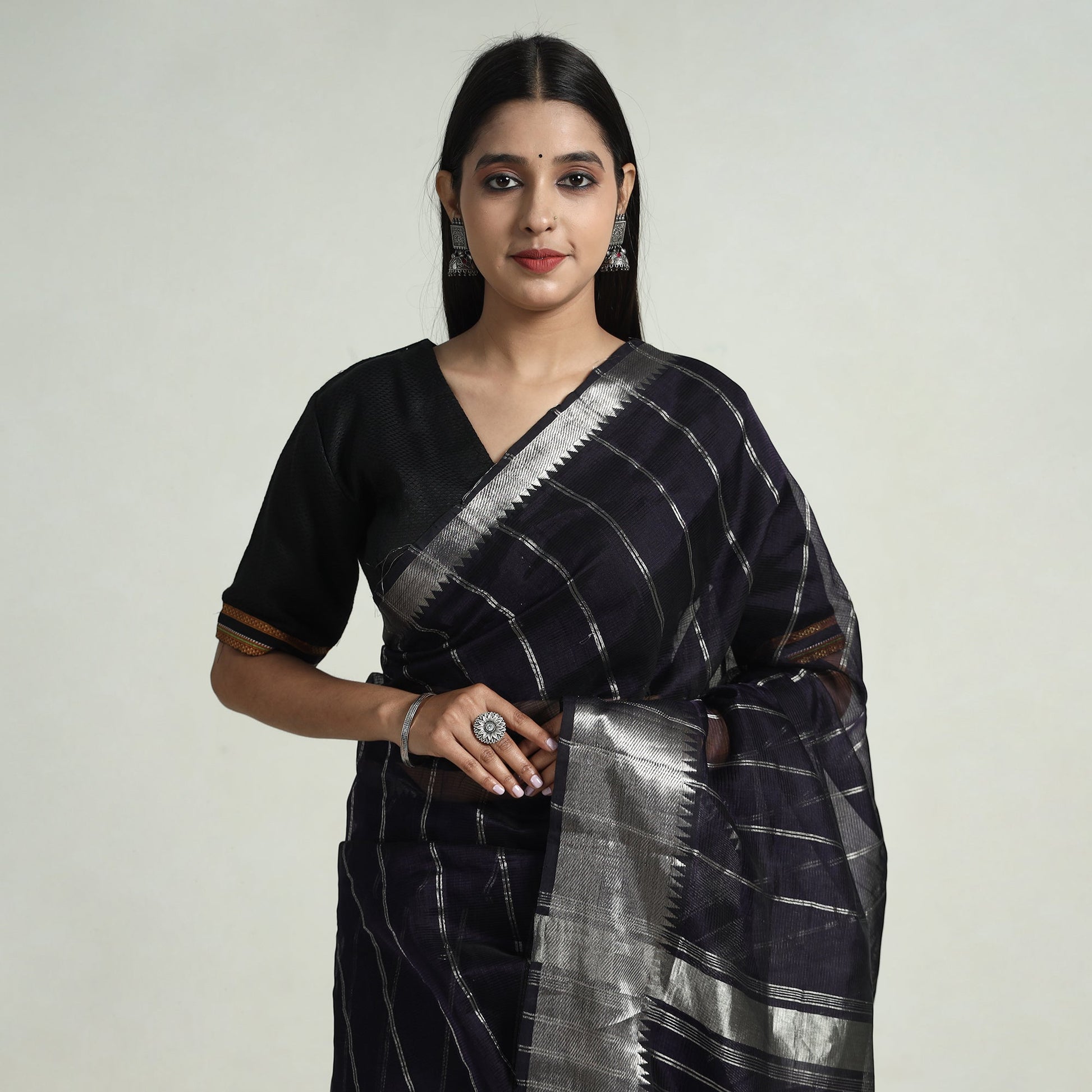 Black - Mangalagiri Handloom Silk Cotton Saree with Zari Border