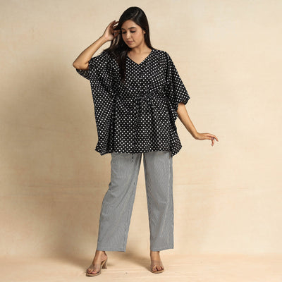 Black - Hand Printed Cotton Kaftan & Pyjama Night Suit Set