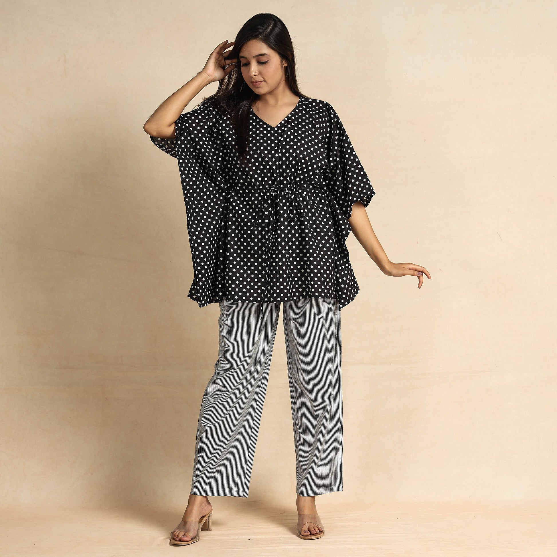 Black - Hand Printed Cotton Kaftan & Pyjama Night Suit Set