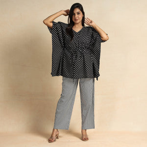 Black - Hand Printed Cotton Kaftan & Pyjama Night Suit Set