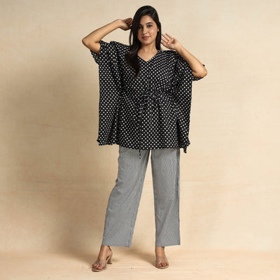 Black - Hand Printed Cotton Kaftan & Pyjama Night Suit Set