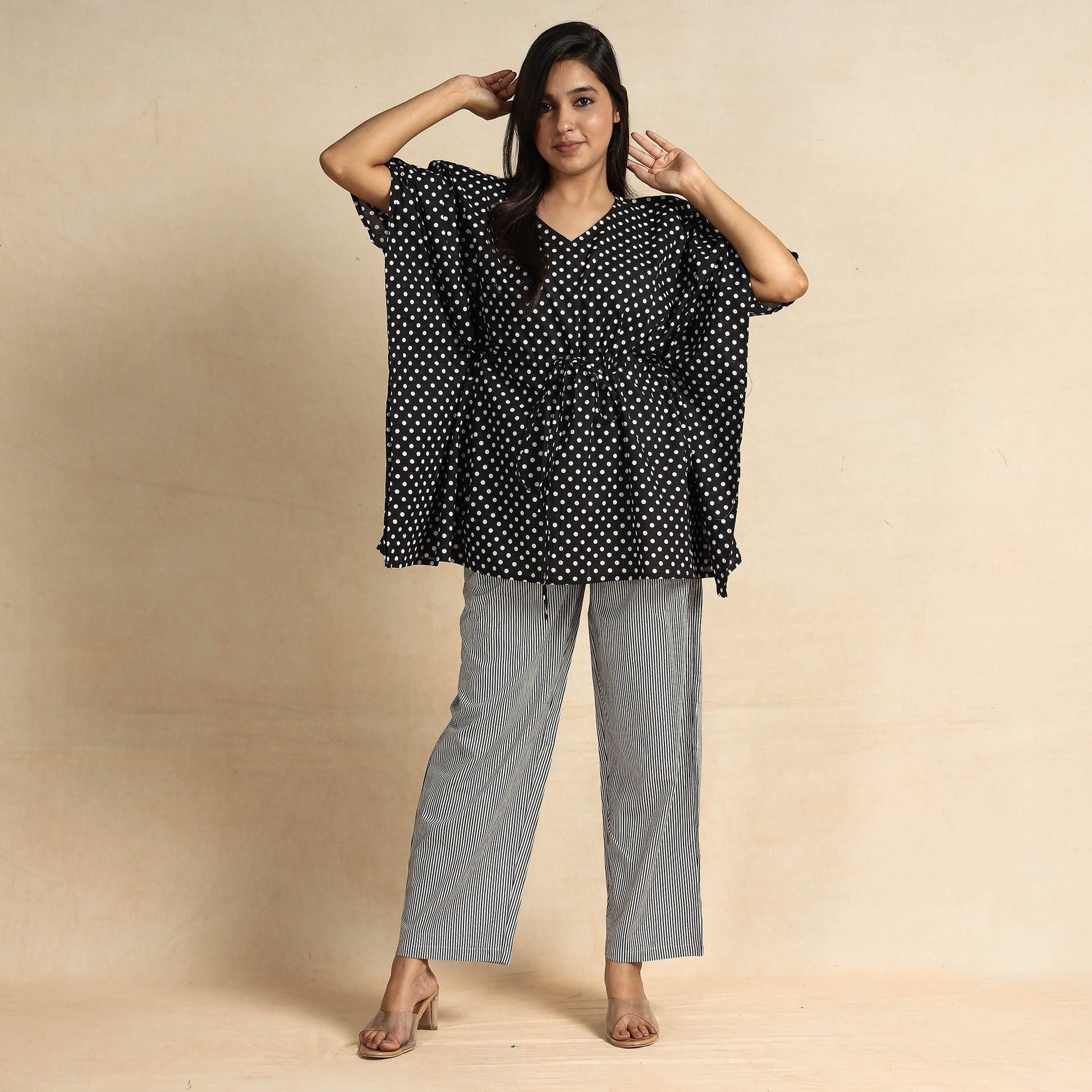 Black - Hand Printed Cotton Kaftan & Pyjama Night Suit Set