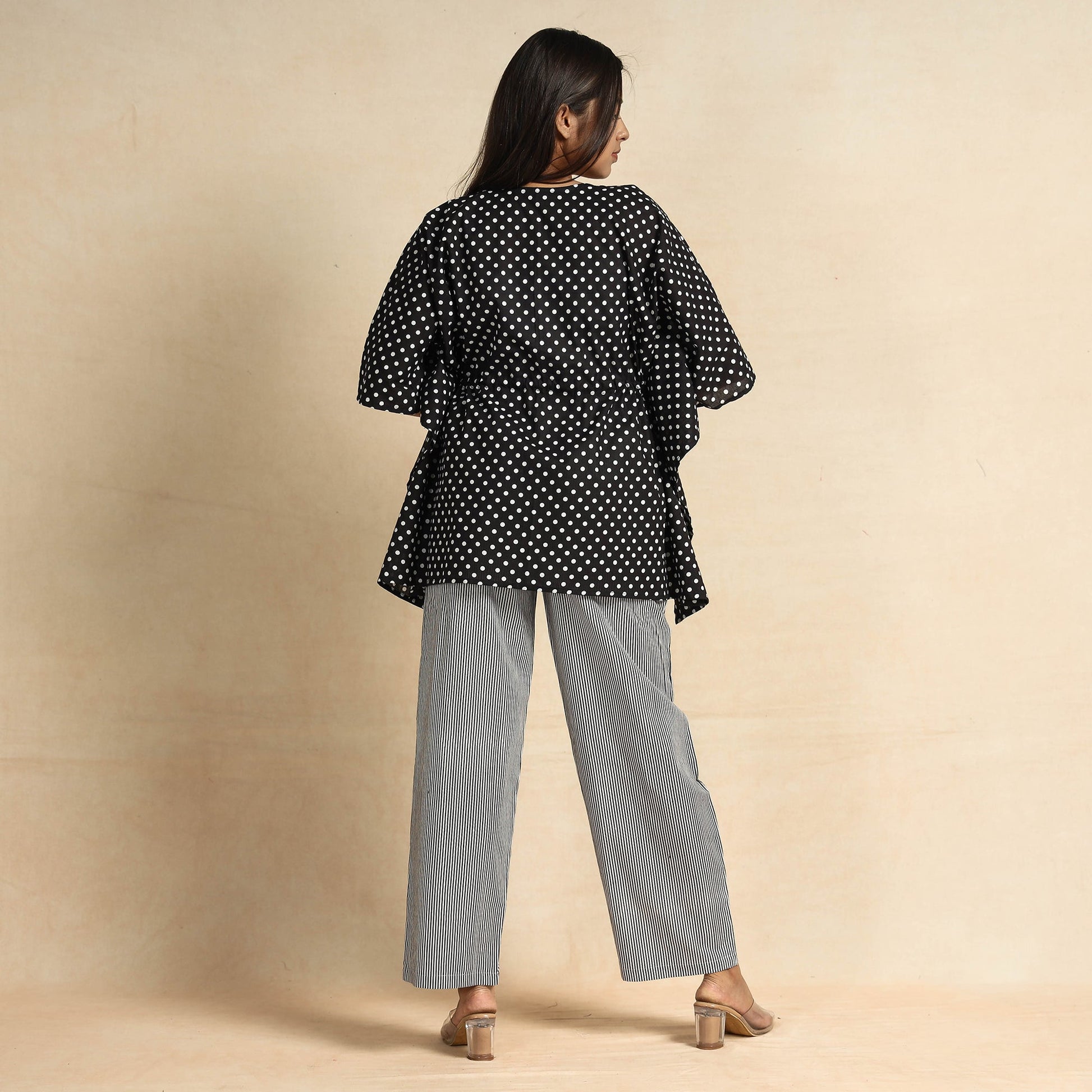 Black - Hand Printed Cotton Kaftan & Pyjama Night Suit Set