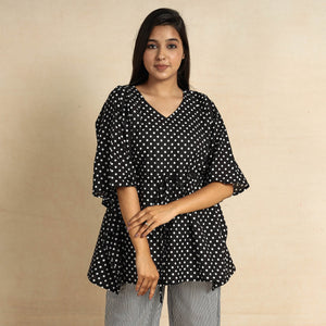 Black - Hand Printed Cotton Kaftan & Pyjama Night Suit Set