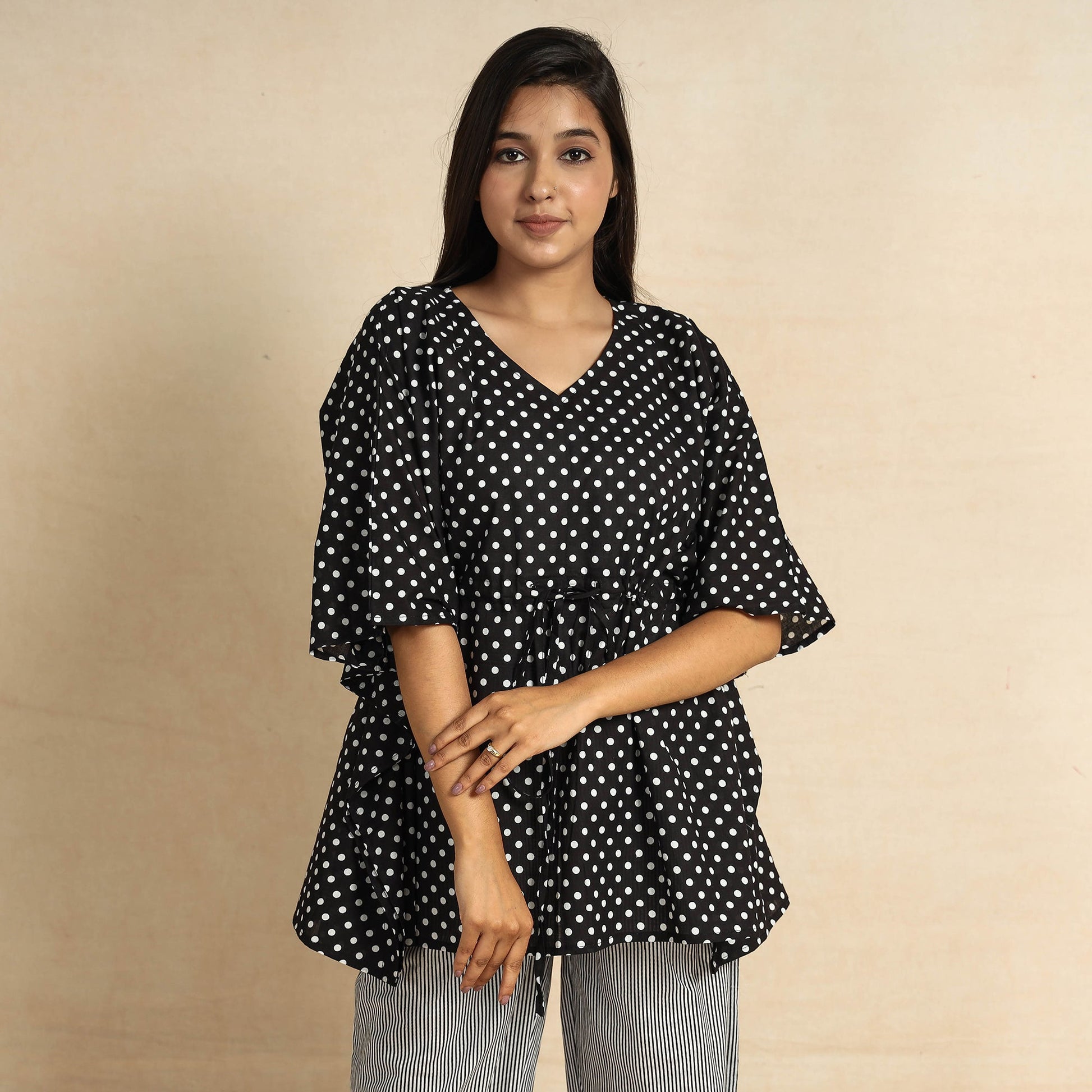 Black - Hand Printed Cotton Kaftan & Pyjama Night Suit Set