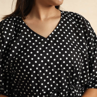 Black - Hand Printed Cotton Kaftan & Pyjama Night Suit Set