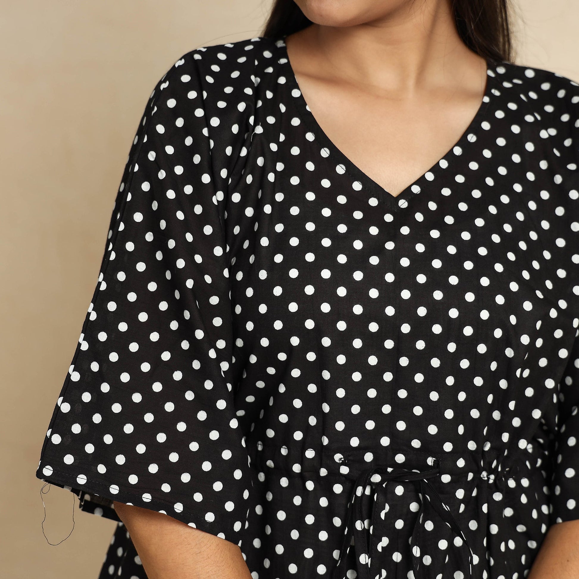 Black - Hand Printed Cotton Kaftan & Pyjama Night Suit Set