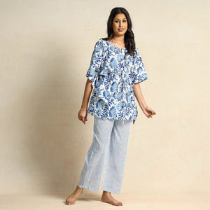 Blue - Hand Block Printed Cotton Kaftan & Pyjama Night Suit Set