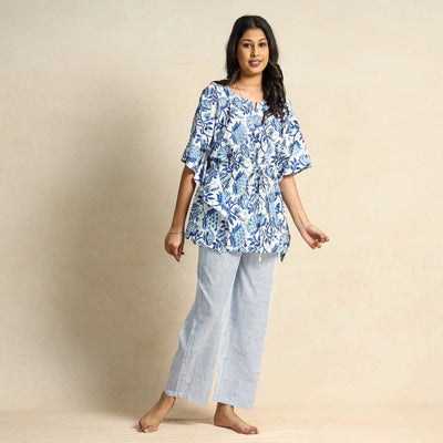 Blue - Hand Block Printed Cotton Kaftan & Pyjama Night Suit Set