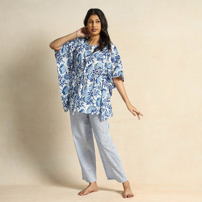 Blue - Hand Block Printed Cotton Kaftan & Pyjama Night Suit Set