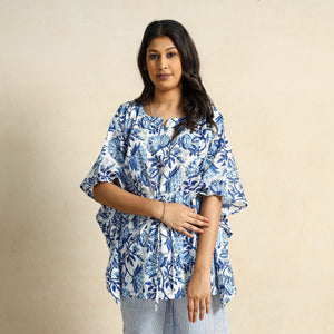 Blue - Hand Block Printed Cotton Kaftan & Pyjama Night Suit Set