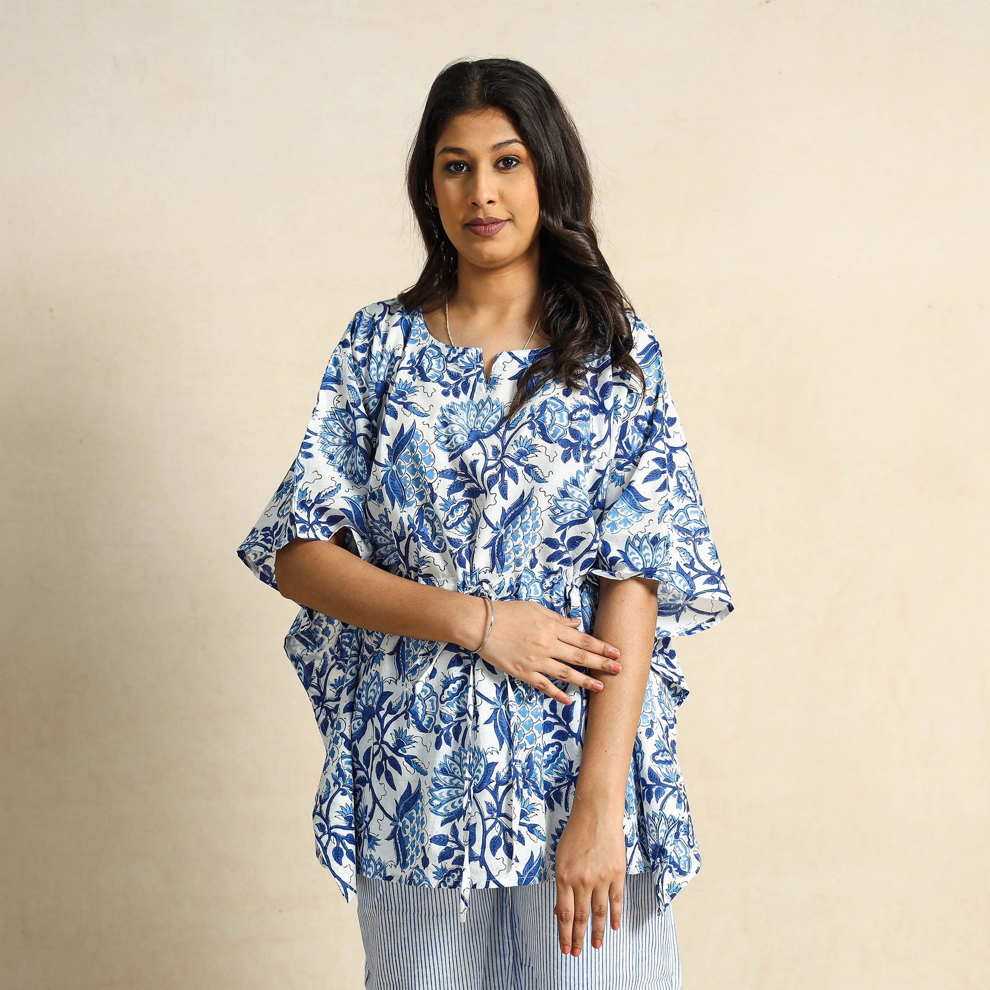 Blue - Hand Block Printed Cotton Kaftan & Pyjama Night Suit Set