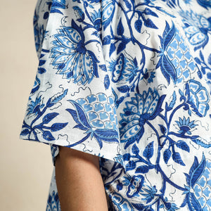 Blue - Hand Block Printed Cotton Kaftan & Pyjama Night Suit Set