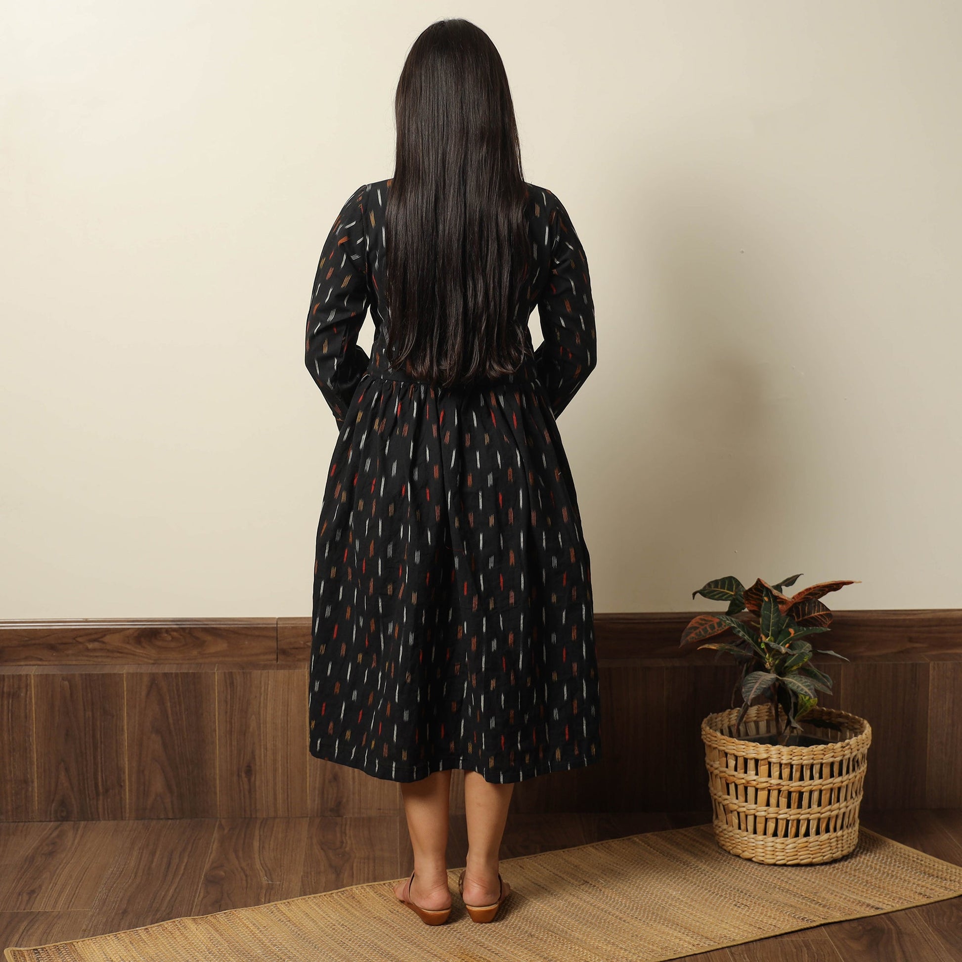 Black - Pochampally Ikat Weave Cotton Flared Dress 11