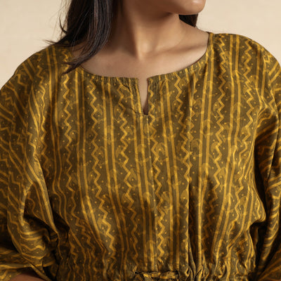 Brown - Akola Block Printed Cotton Kaftan & Pyjama Night Suit Set