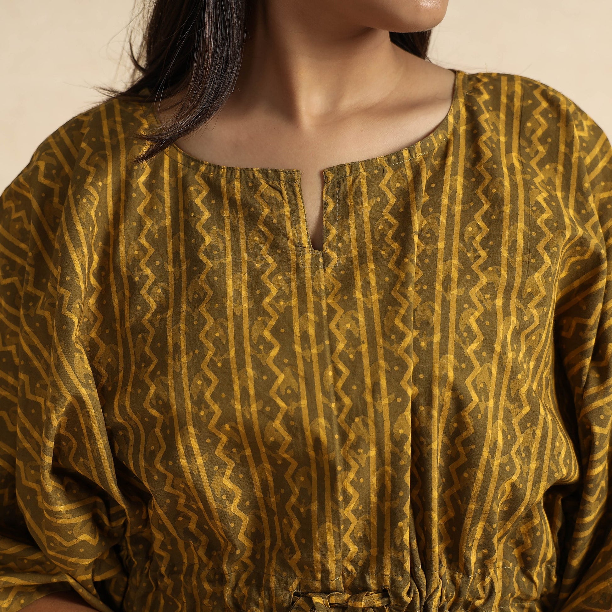 Brown - Akola Block Printed Cotton Kaftan & Pyjama Night Suit Set