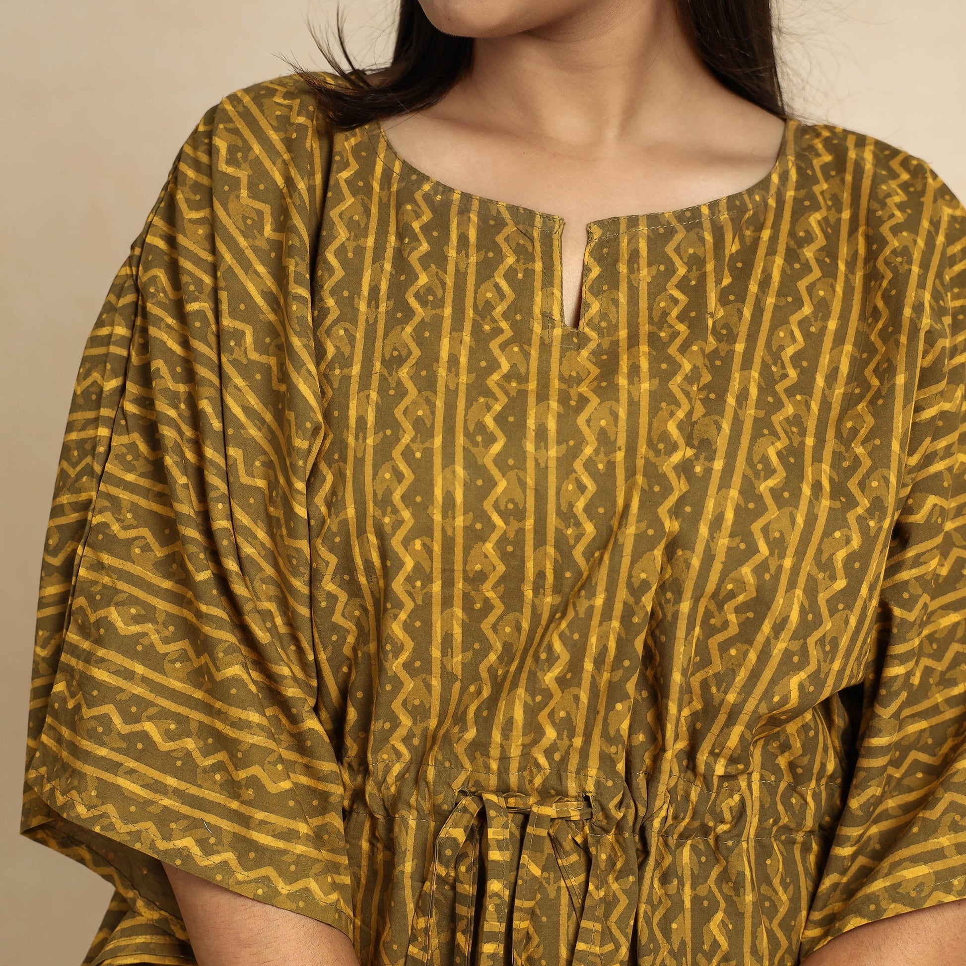 Brown - Akola Block Printed Cotton Kaftan & Pyjama Night Suit Set