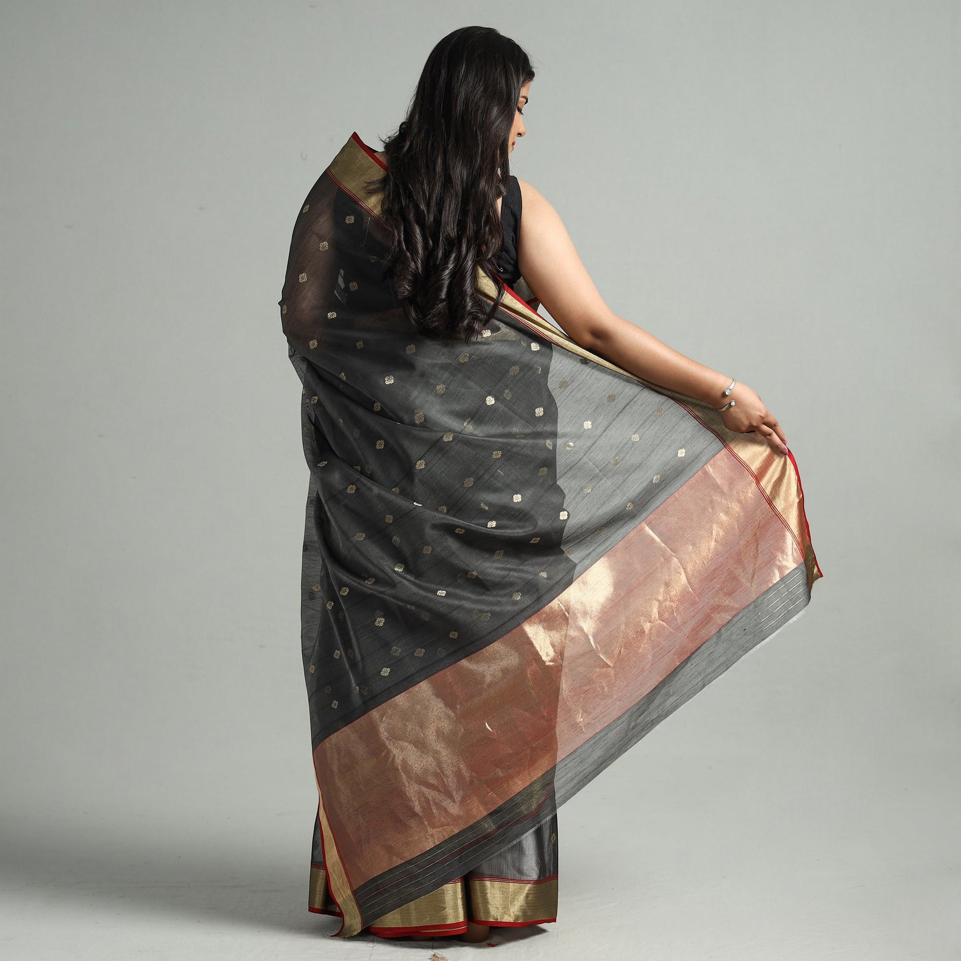 Black - Traditional Chanderi Silk Buta Handloom Zari Work Saree 21