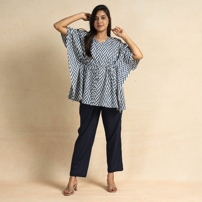 Blue - Hand Block Printed Cotton Kaftan & Pyjama Night Suit Set
