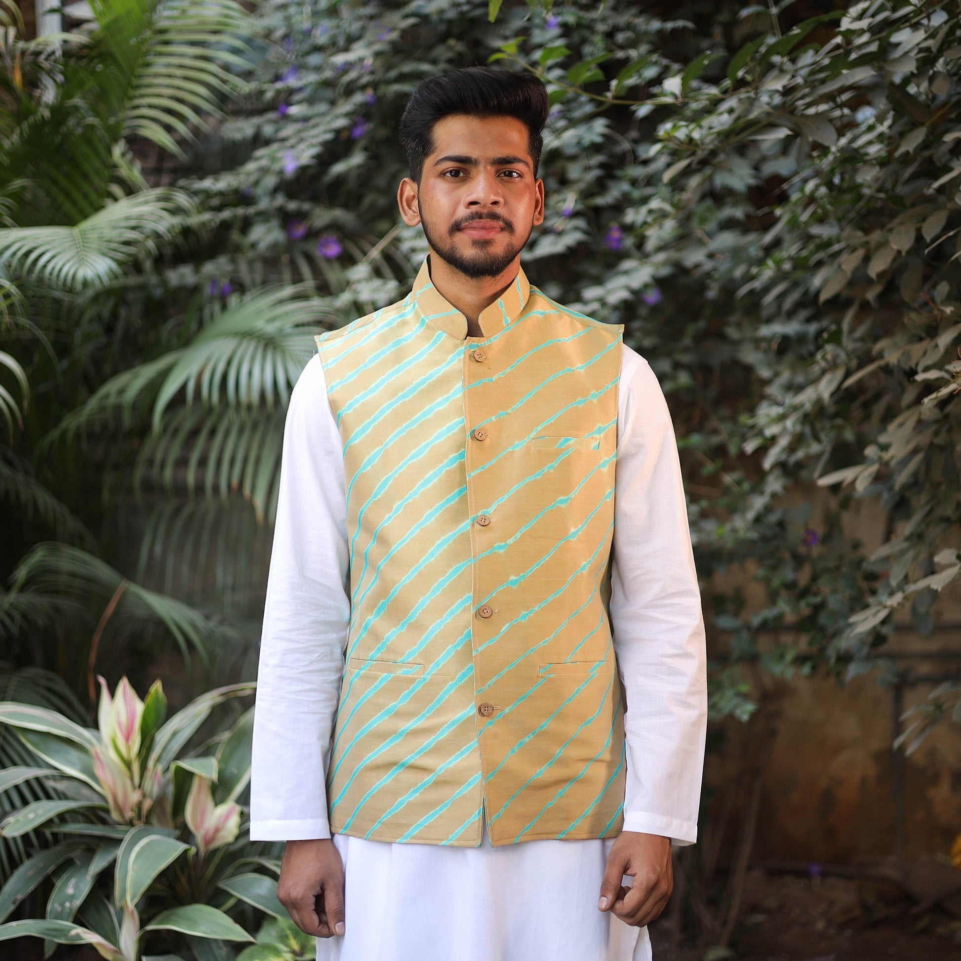 Beige - Leheriya Tie & Dye Chanderi Silk Handloom Nehru Jacket 07